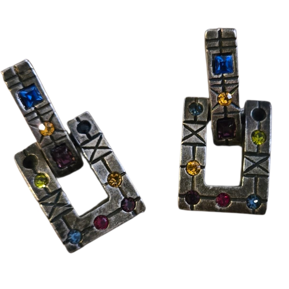 Patricia Locke Geo Silver Earrings w Multicolor Stones Vintage